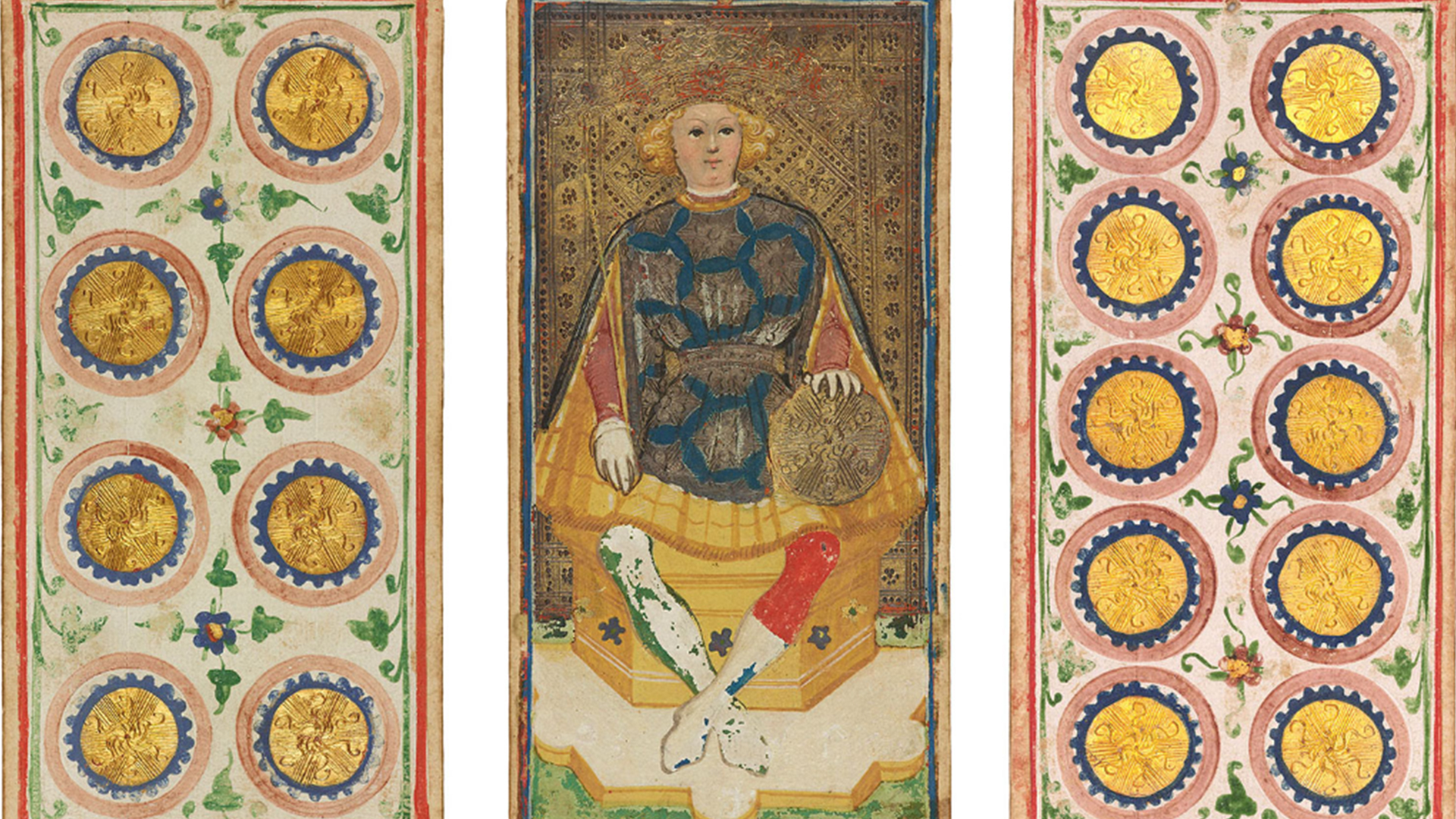 Eight of Coins, King of Coins, and Ten of Coins Playing Cards Illuminated by Bonifacio Bembo Italy, Milan, ca. 1450–80